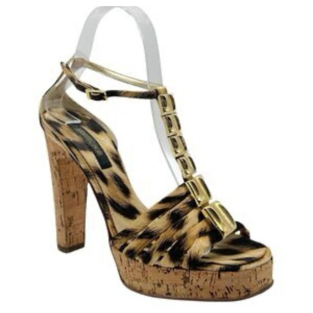 Roberto Cavalli Leopard Print Cork Platform Sandals High Heels T-Strap EU 36 - Picture 5 of 5